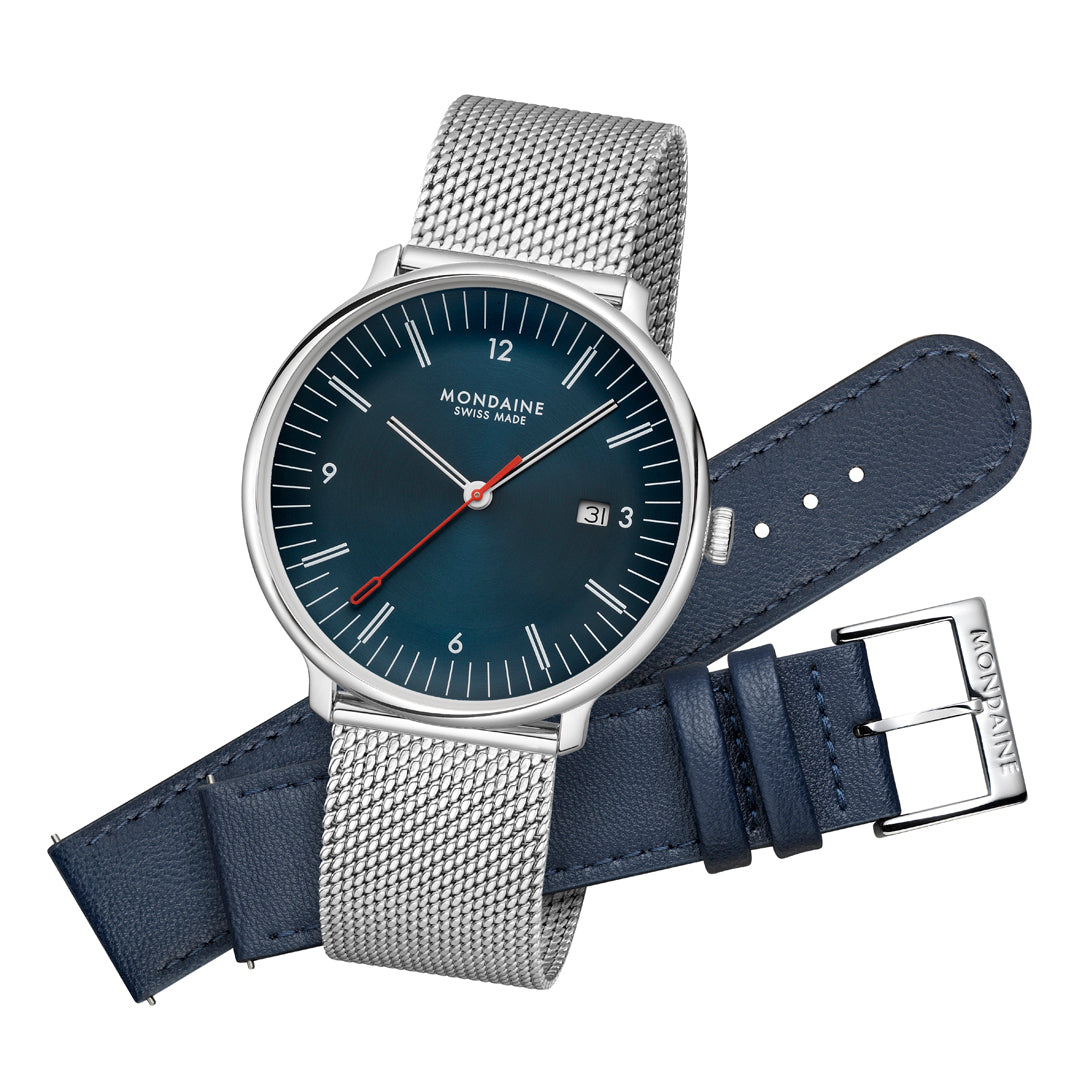 Mondaine Doppio 41mm Vegan Leather Watch Set - MLE.41240.LQV.SET
