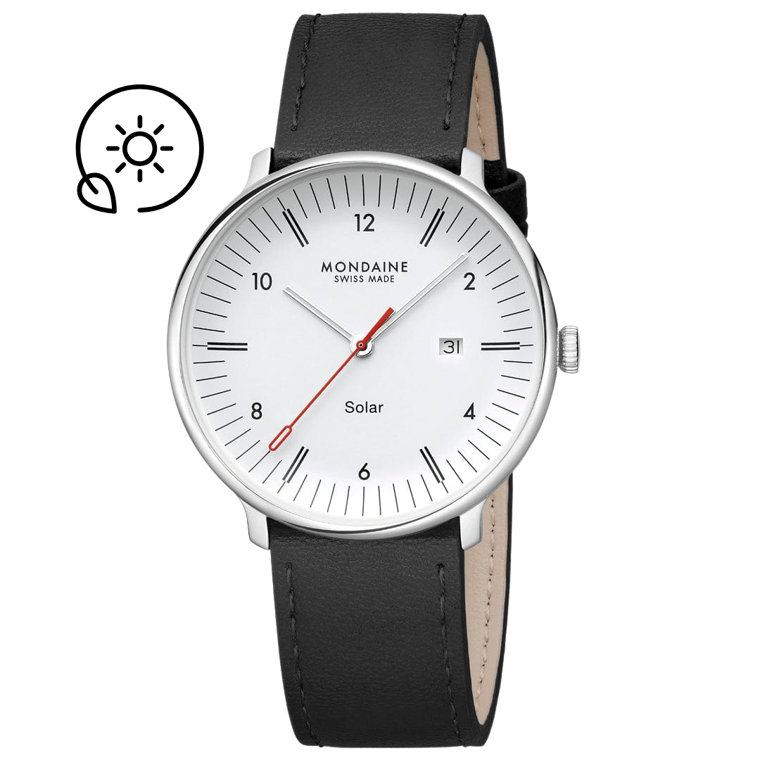 Mondaine Doppio Solar Black Leather 41mm Watch - MLE.41910.LBV