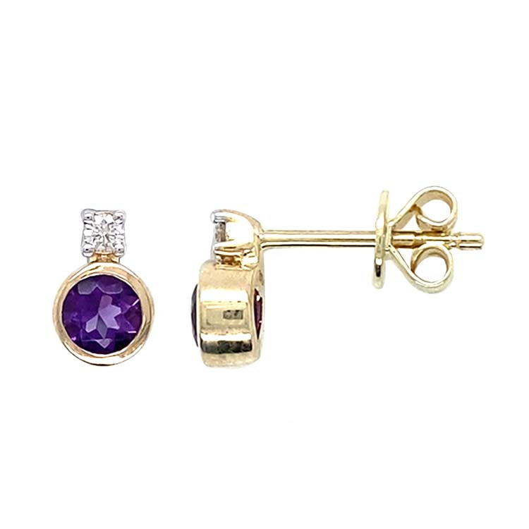 Diamond and Amethyst Earrings with 0.06ct Diamond in 9ct Yellow Gold