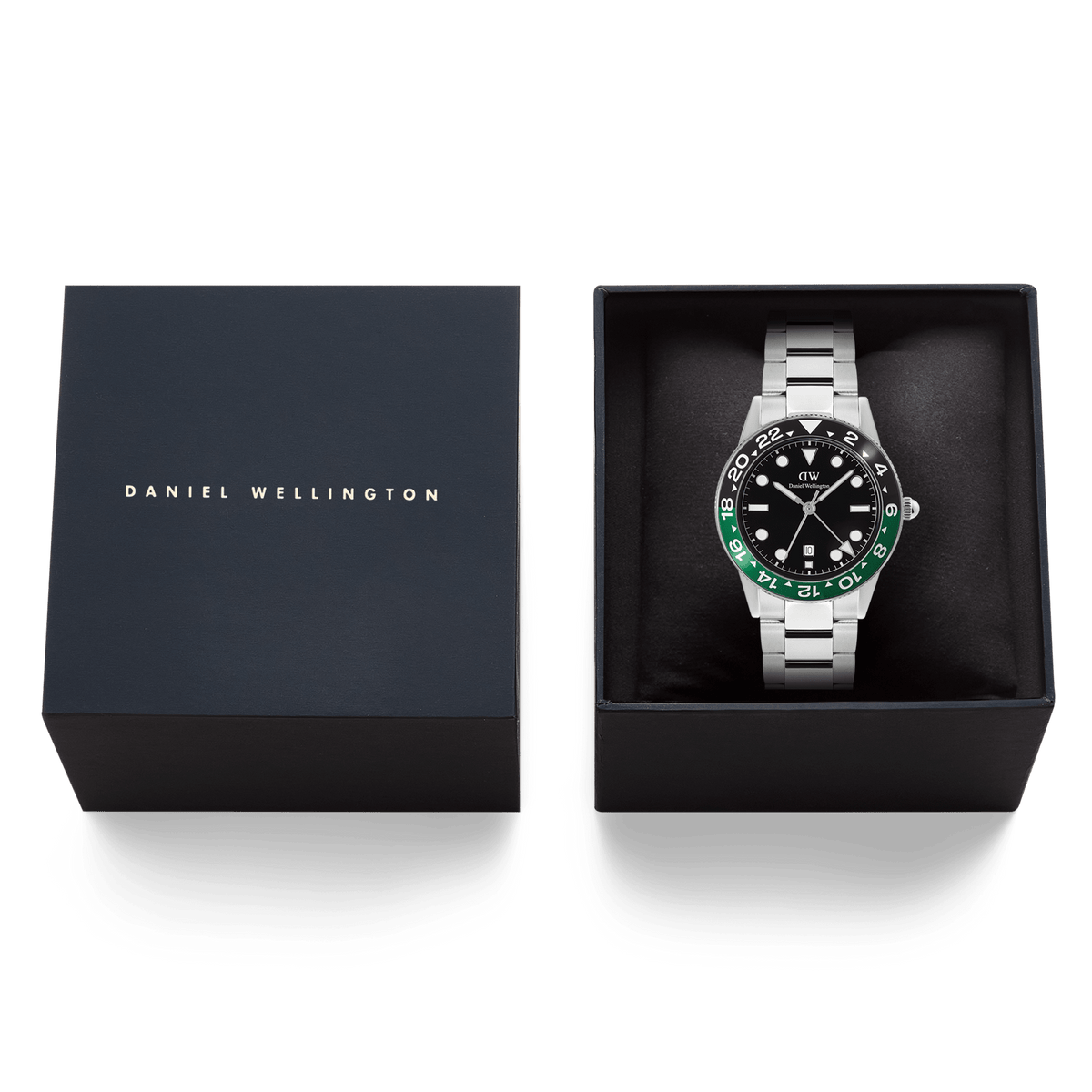 Daniel Wellington Iconic GMT Link Black Green Ceramic Bezel Silver