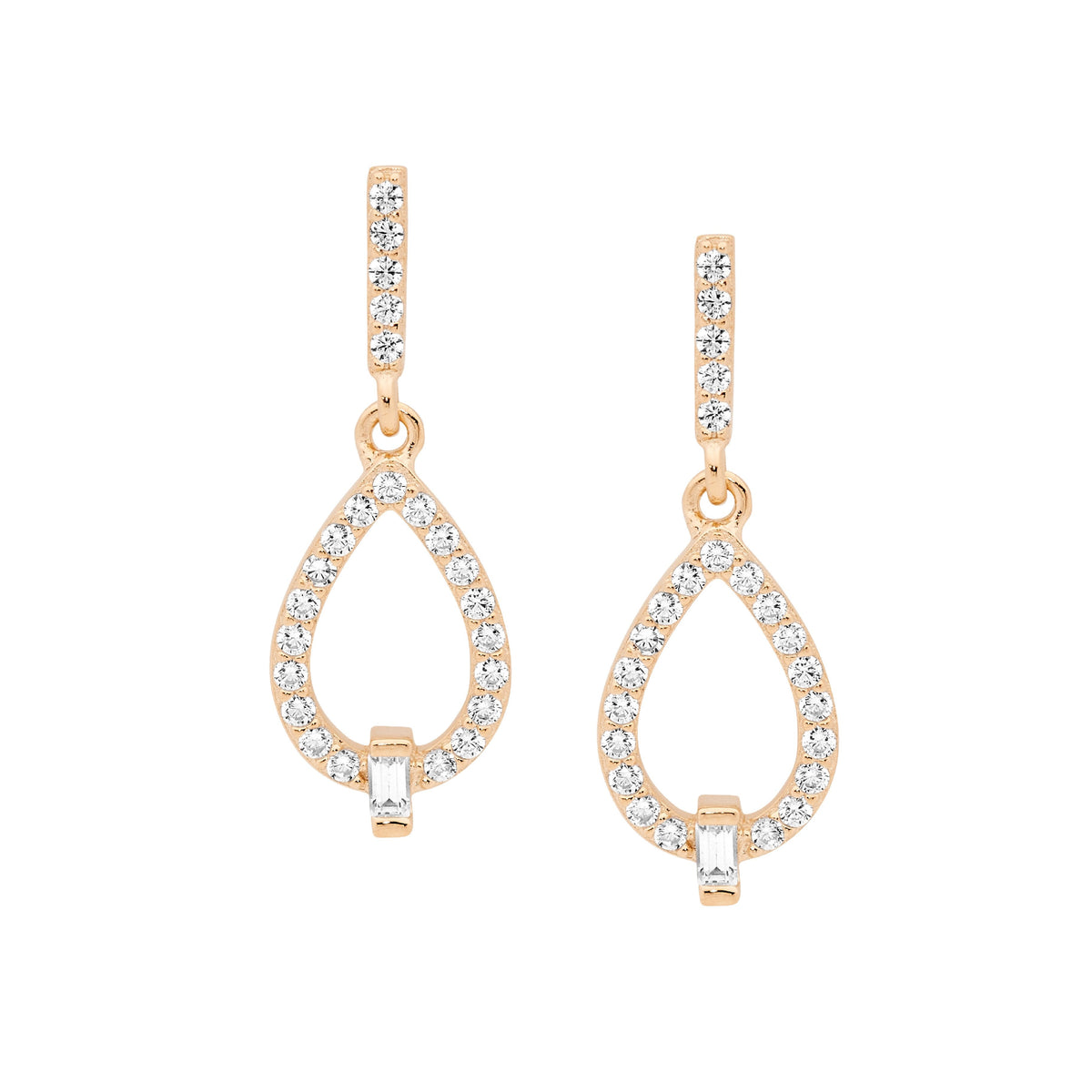 Sterling Silver Cubic Zirconia Open Tear Drop Earrings With Baguette & Rose Gold Plating