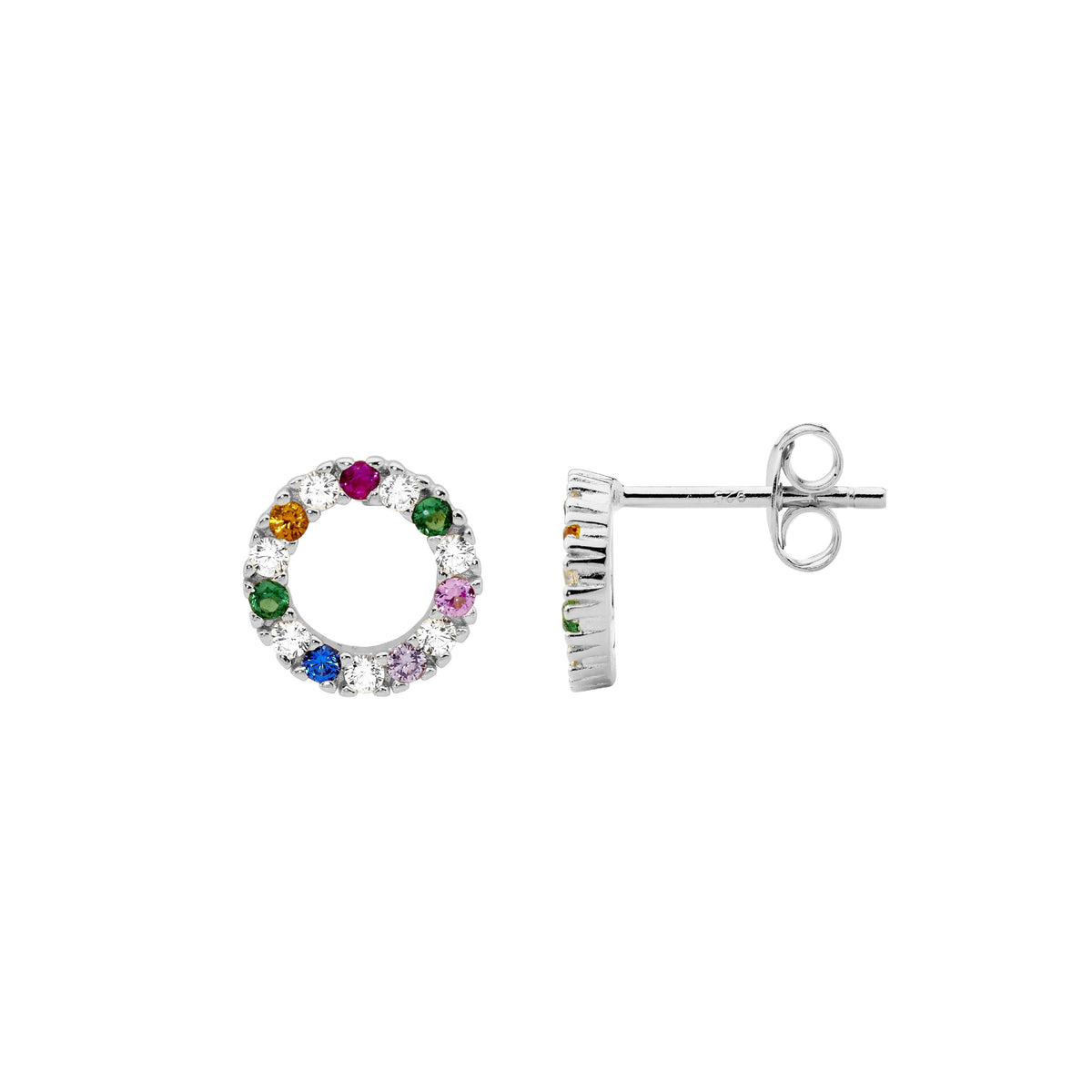 Sterling Silver & Multi Colour Cubic Zirconia 9mm Open Circle Earrings