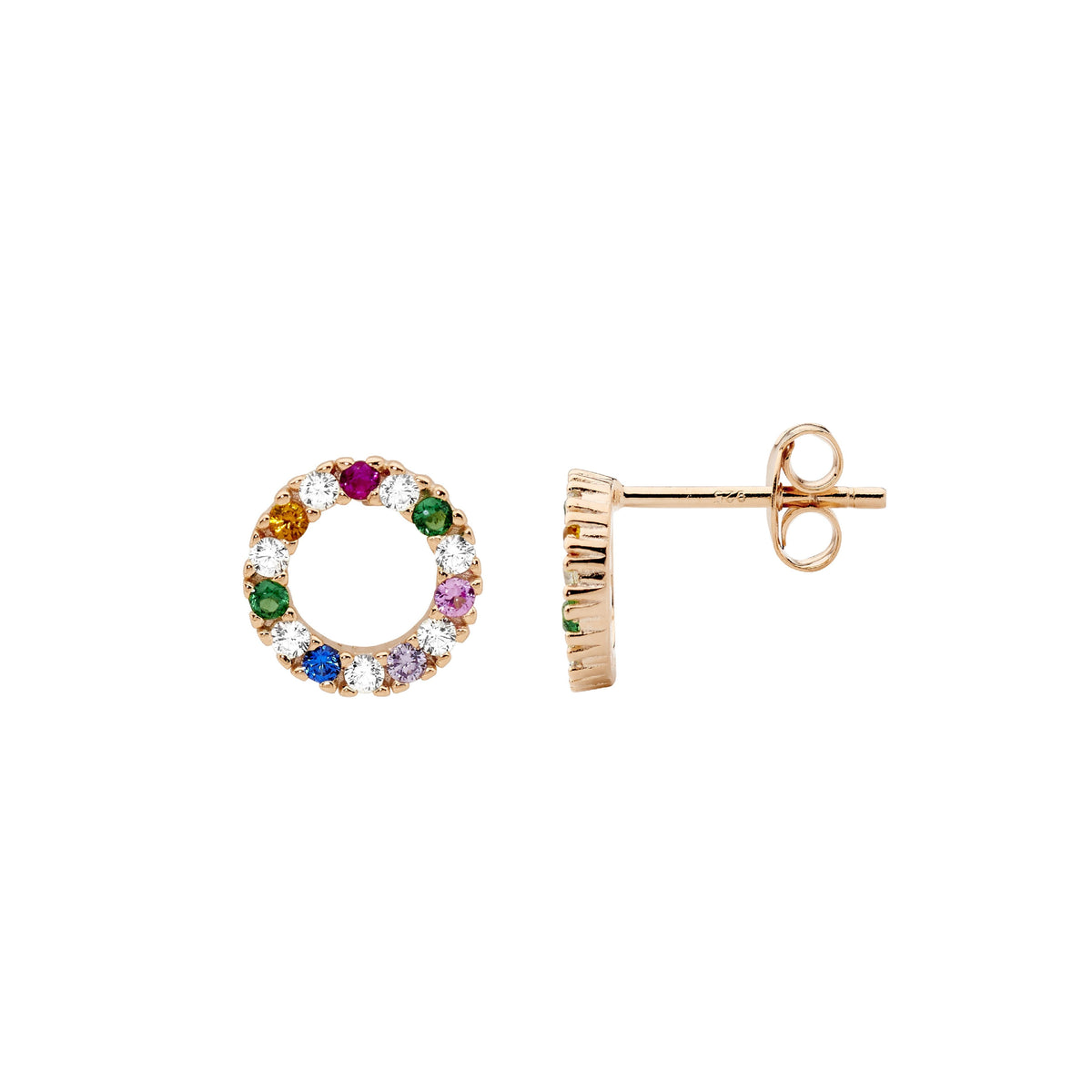 Sterling Silver & Multi Colour Cubic Zirconia 9mm Open Circle Earrings With Rose Gold Plating