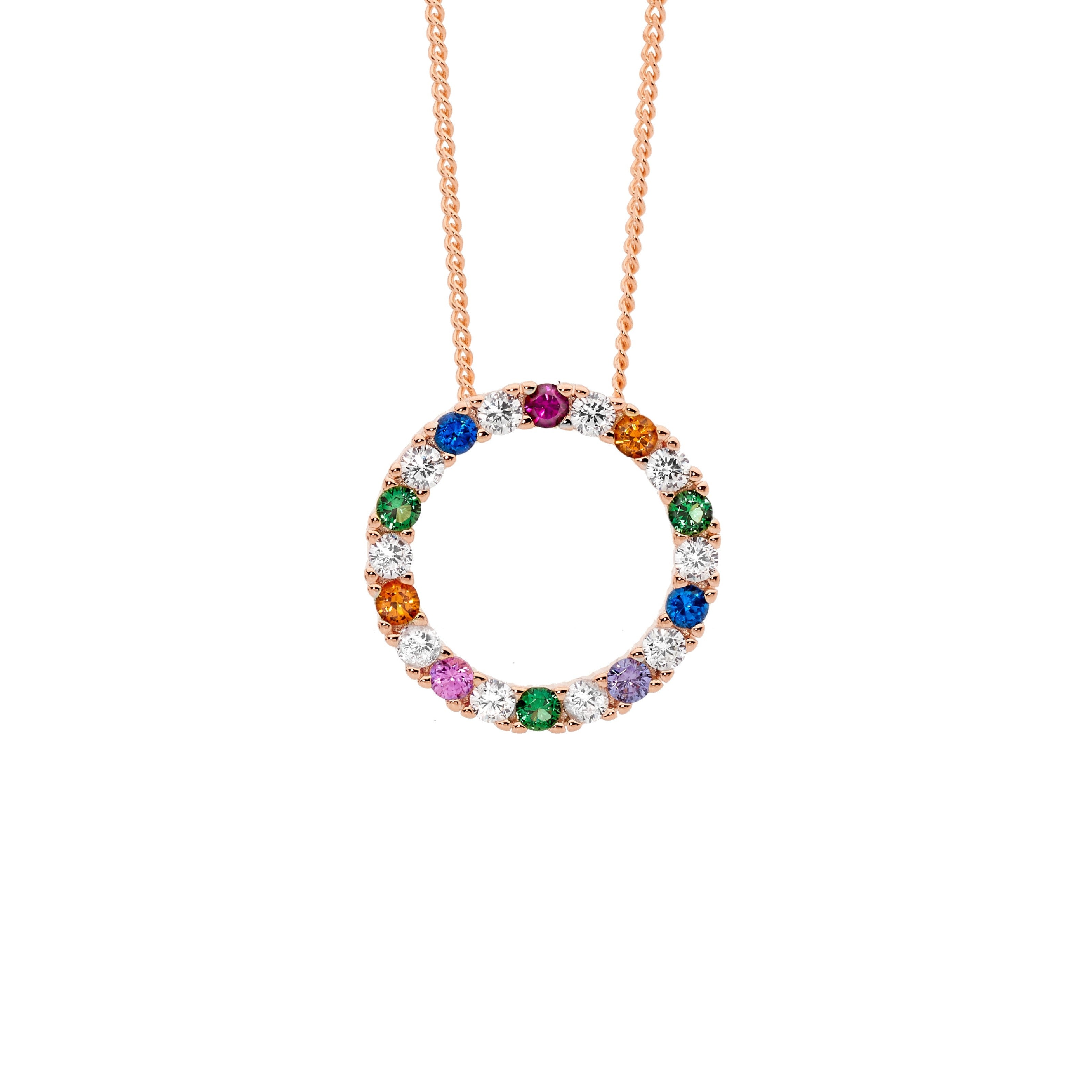 Sterling Silver & Multi Colour Cubic Zirconia 16mm Open Circle Pendant With Rose Gold Plating