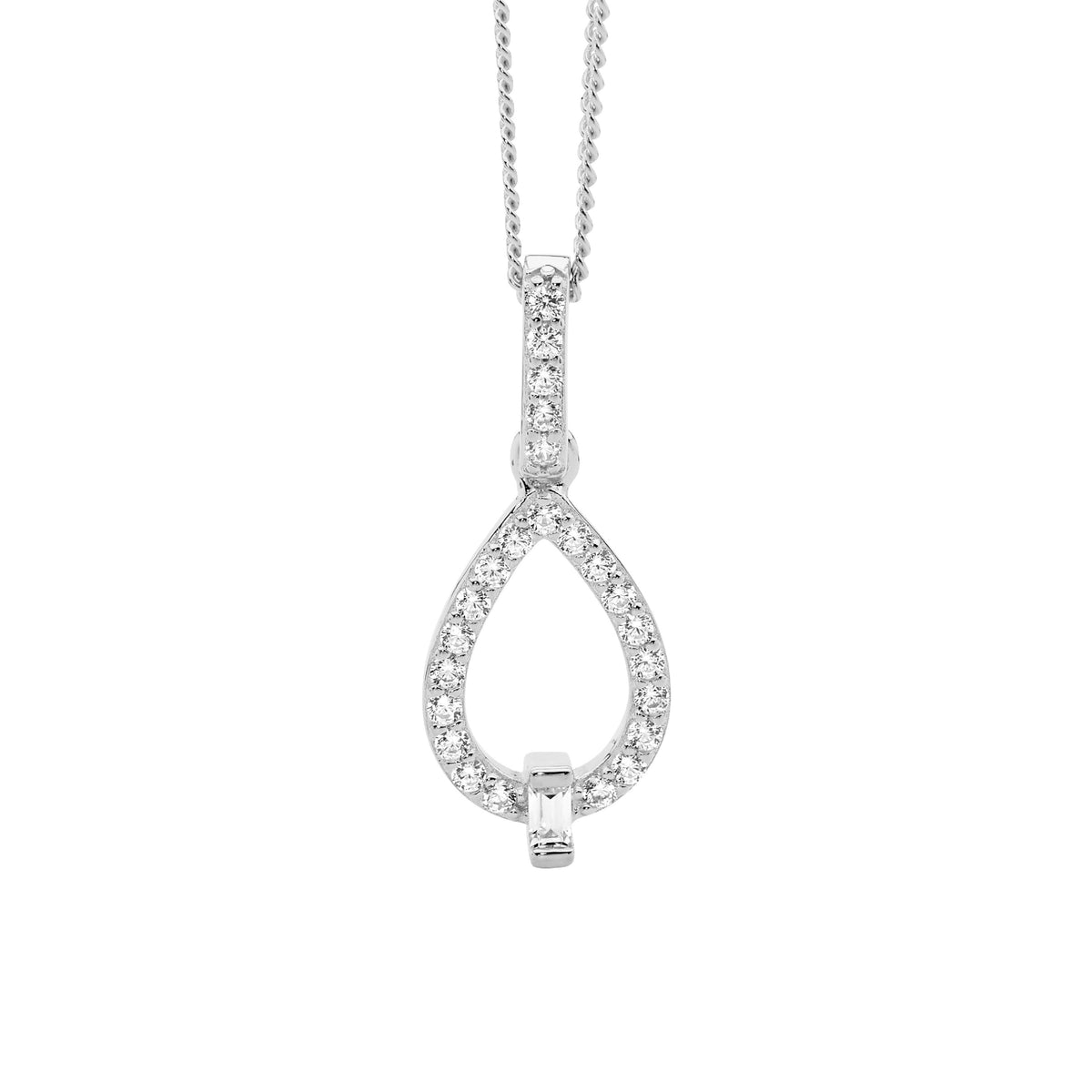 Sterling Silver Cubic Zirconia Open Tear Drop Pendant With Baguette