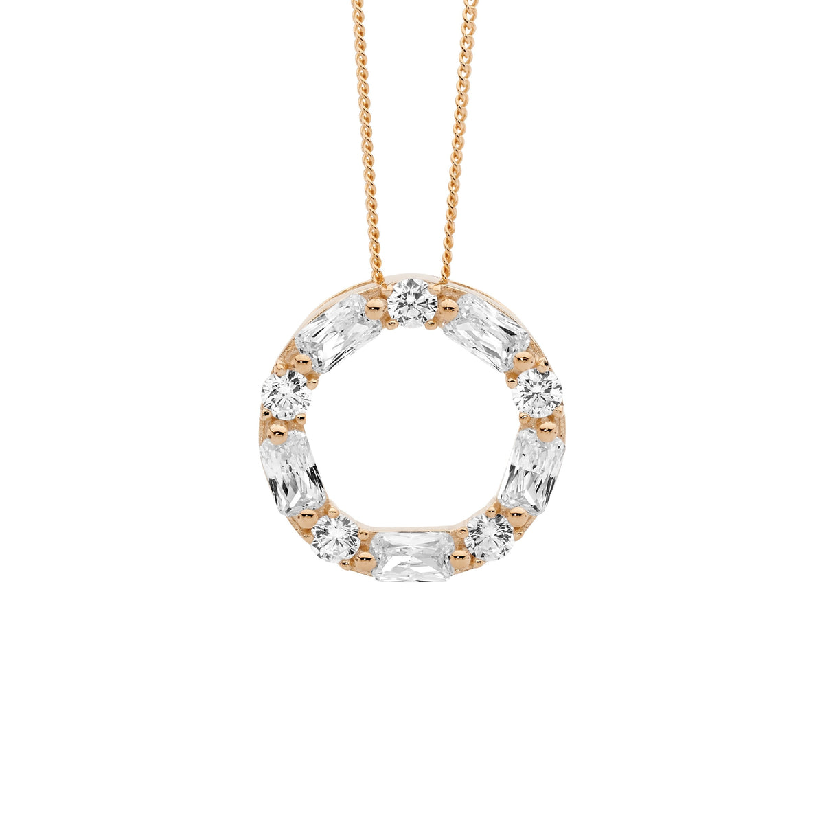 Sterling Silver Cubic Zirconia Round & Baguette 18mm Circle Pendant With Rose Gold Plating