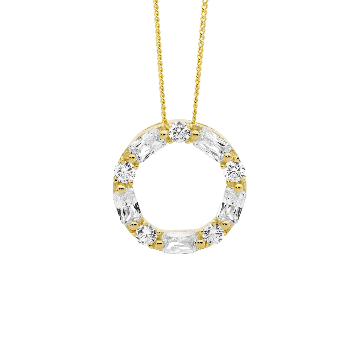Sterling Silver Cubic Zirconia Round & Baguette 18mm Circle Pendant With Gold Plating