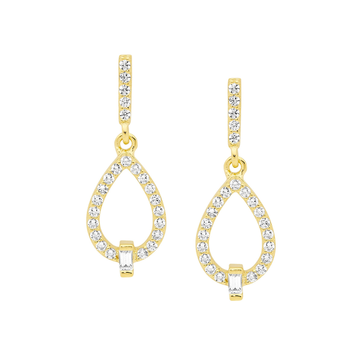 Sterling Silver Cubic Zirconia Open Tear Drop Earrings With Baguette & Gold Plating