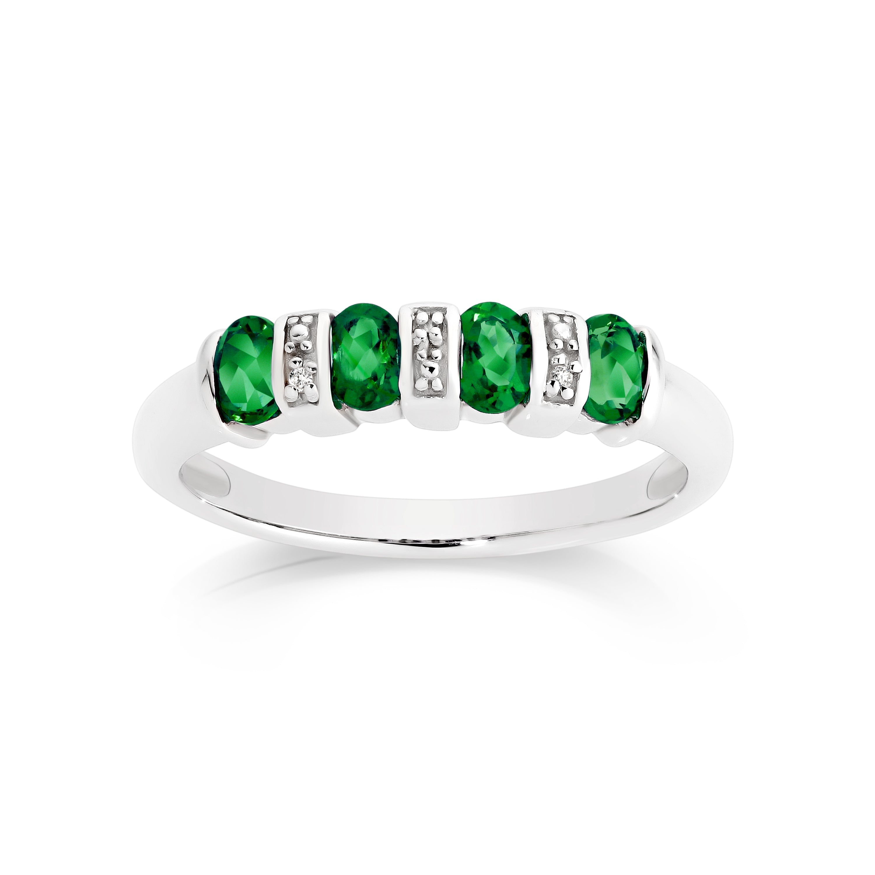 Silver created emerald & diamond ring