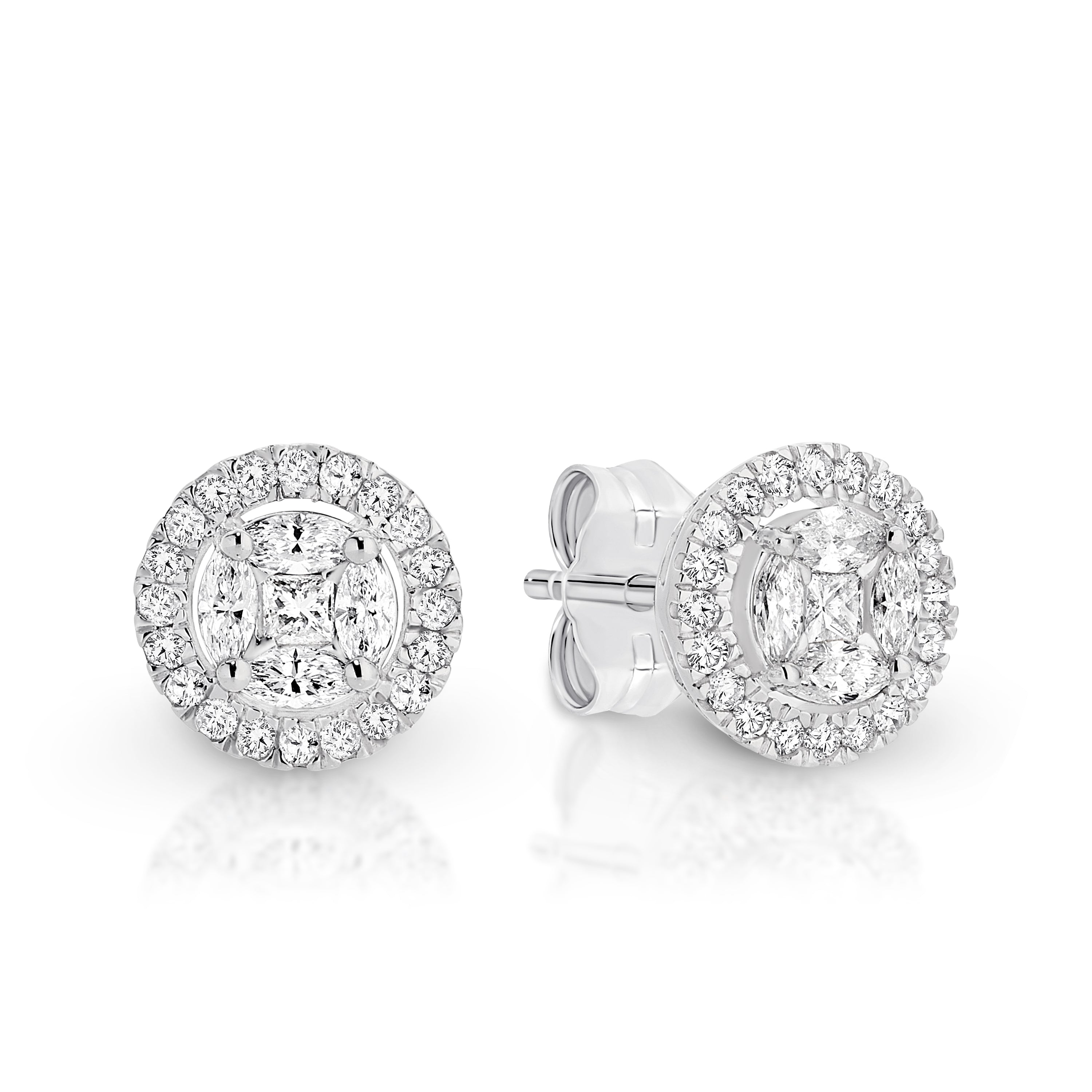 9ct white gold 0.25ct diamond halo studs with princess & marquise stones