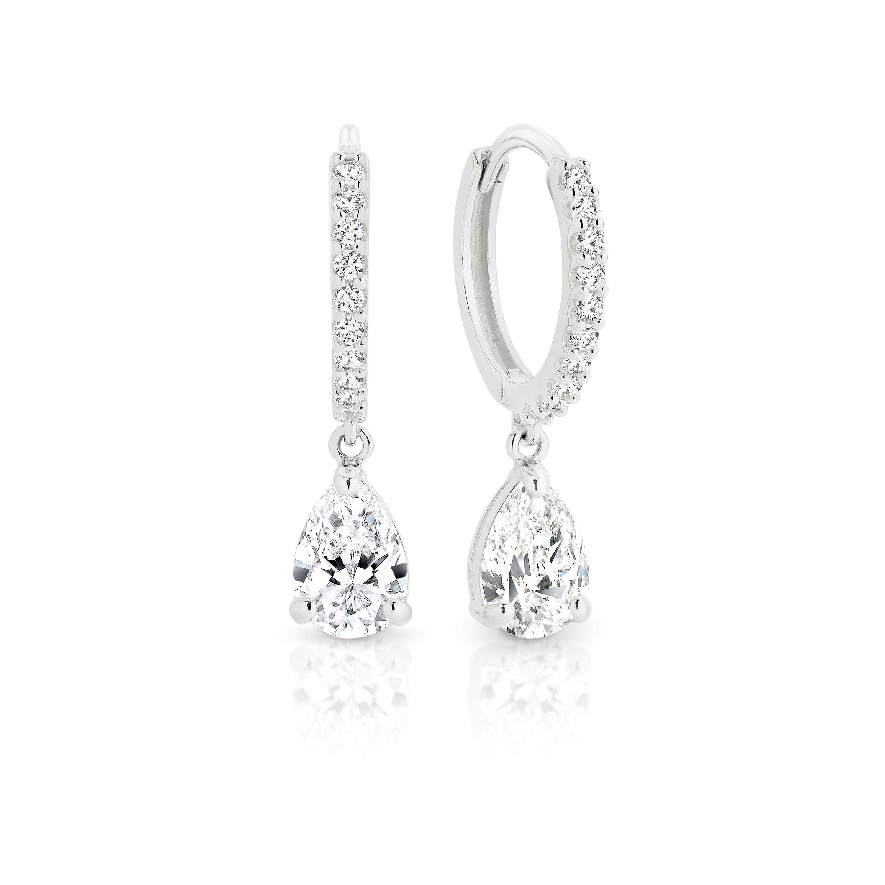 9ct white gold pear cubic zirconia dangle drop huggies