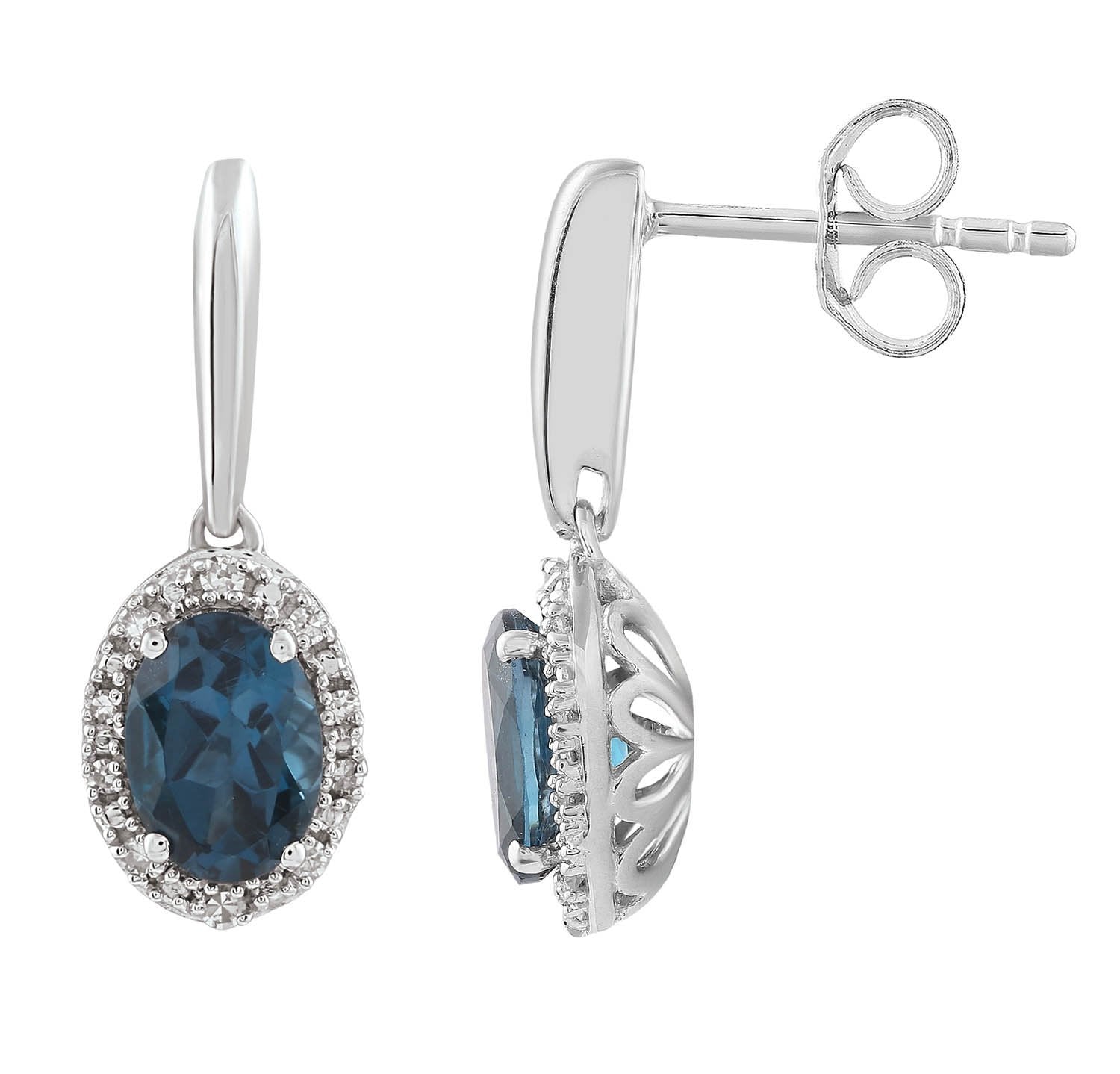 9ct White Gold 0.10ct Diamond London Blue Topaz Earrings