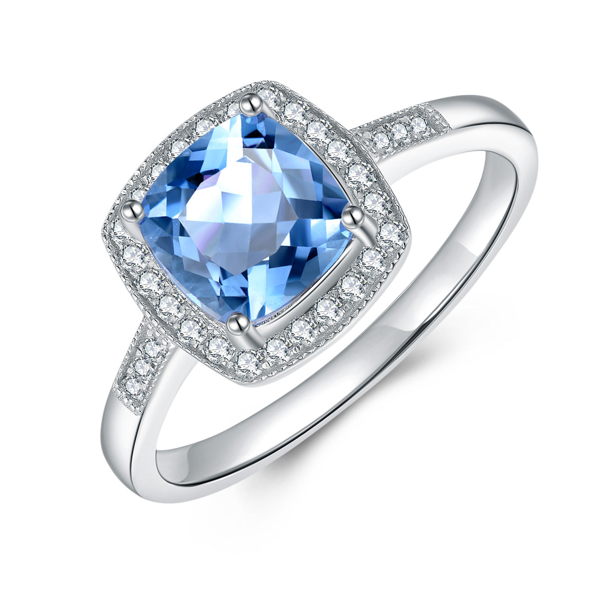 9ct White Gold Blue Topaz & Diamond Ring