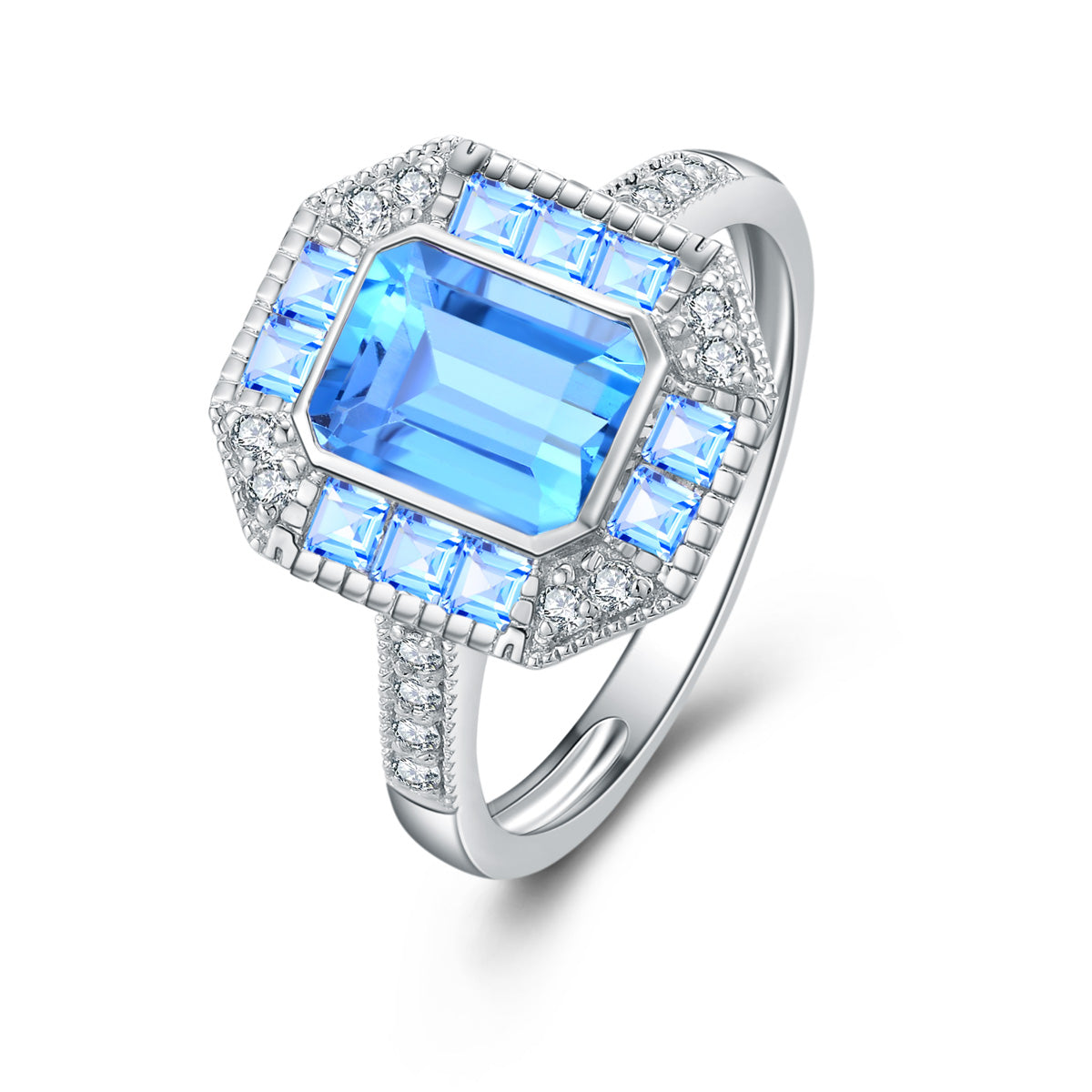 9ct White Gold Blue Topaz & Diamond Ring