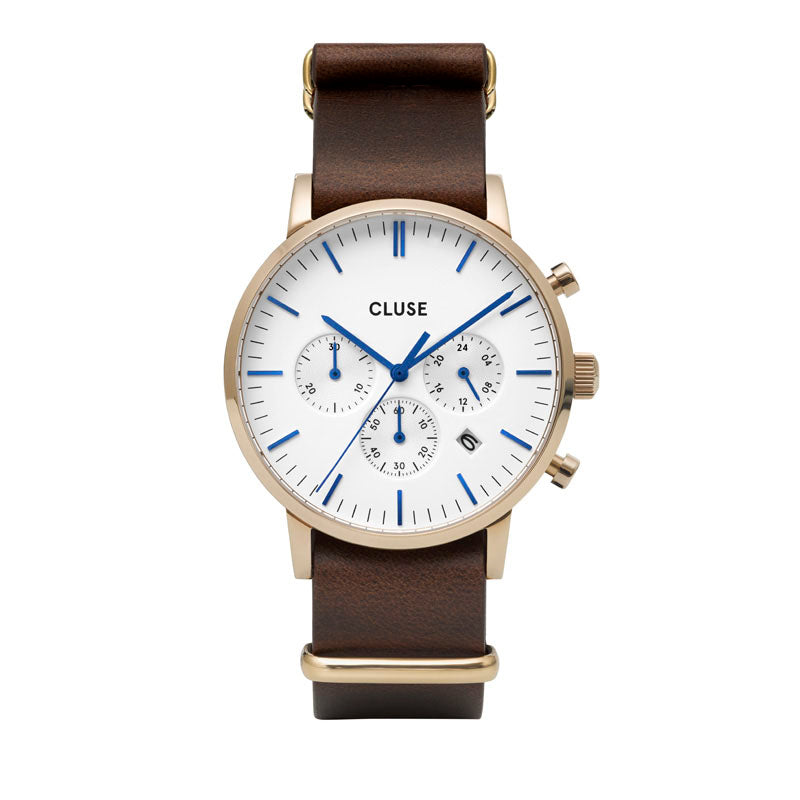 CLUSE Mens Aravis Chronograph Gold White & Dark Brown Nato Watch CW0101502009